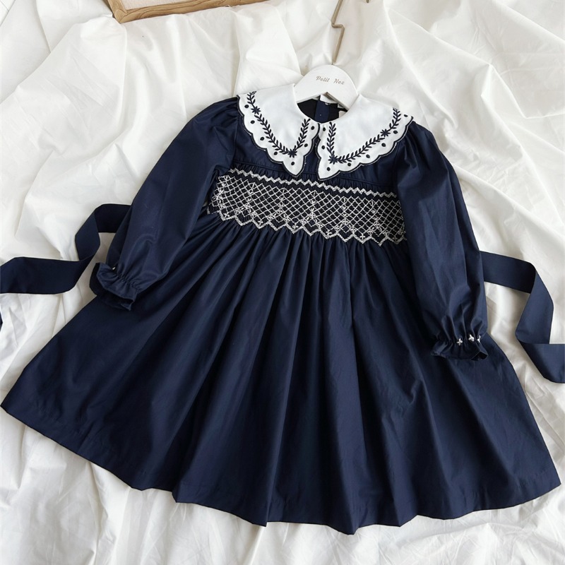 Vintage Fashion La - Robe vintage bleu foncé brodée à